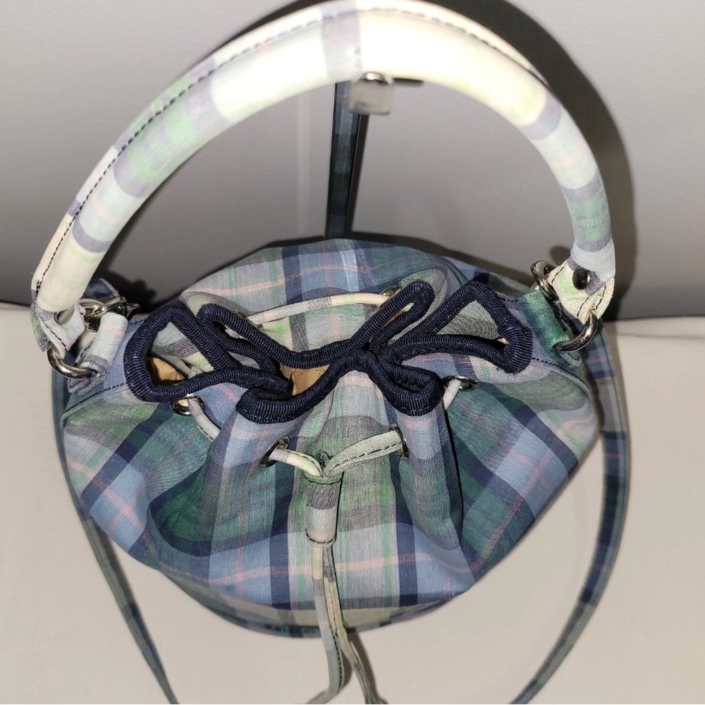 Vintage Tommy Hilfiger Plaid Drawstring Bucket Satchel Crossbody Bag Blue Green - Picture 15 of 16
